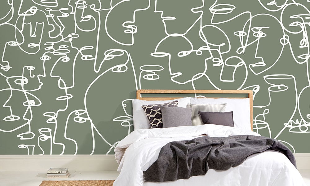Green wall mural featured in modern bedroom