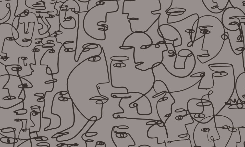 Grey wallpaper with white single line drawing of people's faces