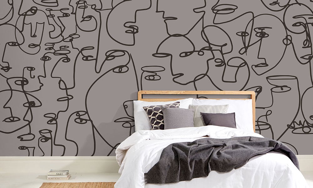 Grey wall mural featured in modern bedroom