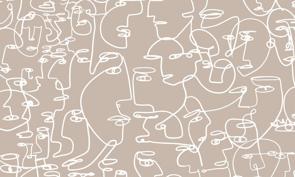 Neutral wallpaper with white single line drawing of people's faces