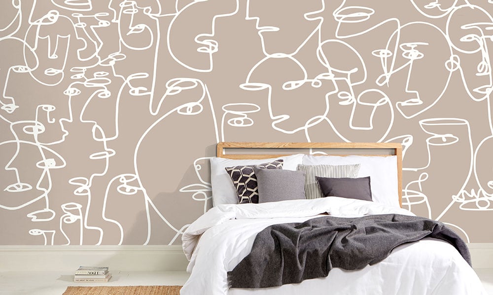Neutral wall mural featured in modern bedroom