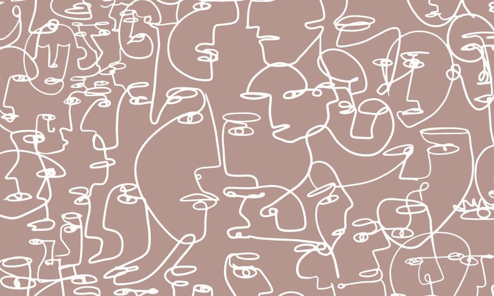 Pink wallpaper with white single line drawing of people's faces