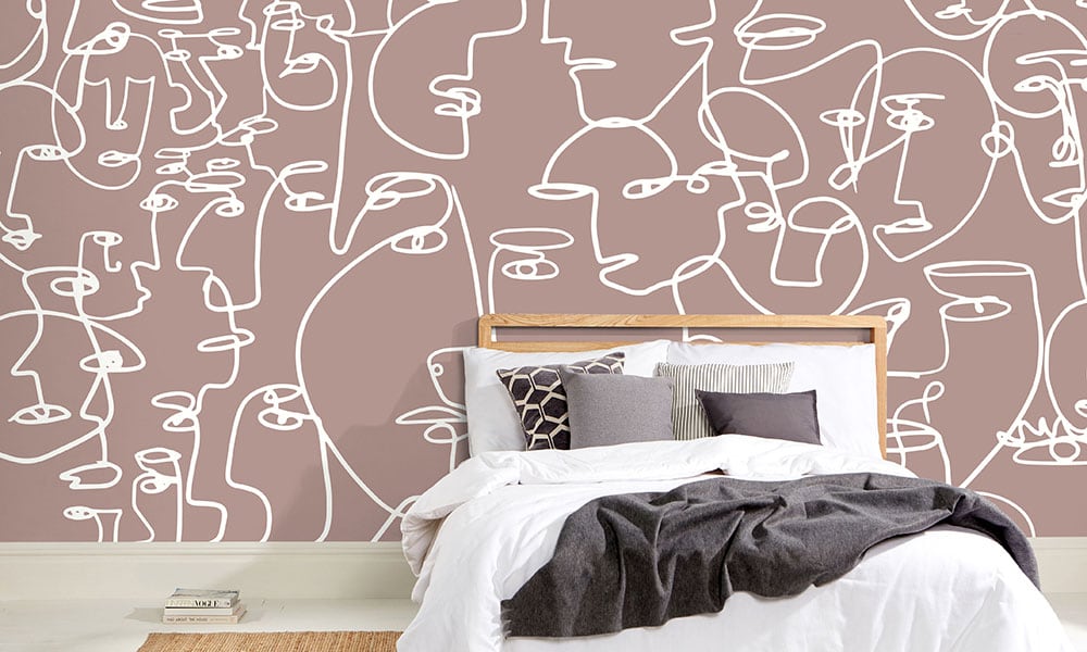 Pink wall mural featured in modern bedroom