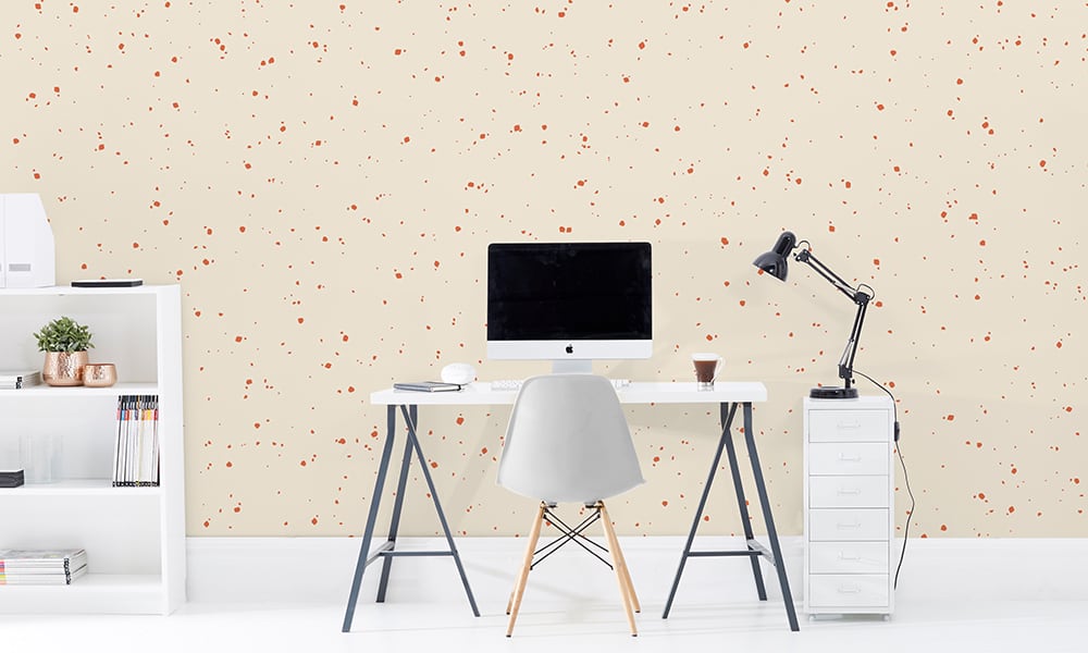 Large scale noise wallpaper pattern in red in office setting with neutral background