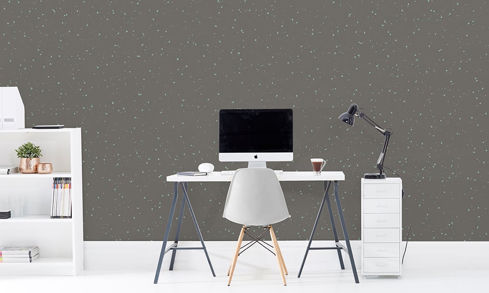 Medium scale noise wallpaper pattern in grey in office setting 