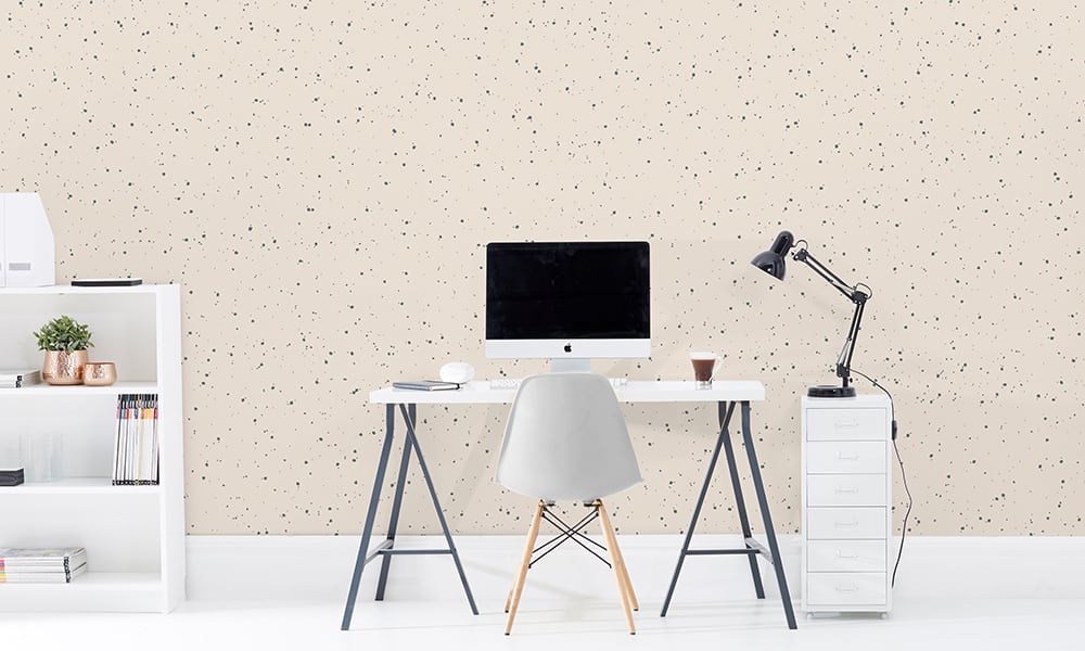 Medium scale noise wallpaper pattern in eggshell in office setting 