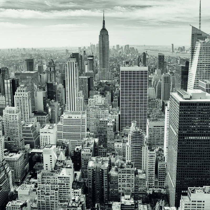 Living room with a monochrome photo wall mural of the view of New York City skyline