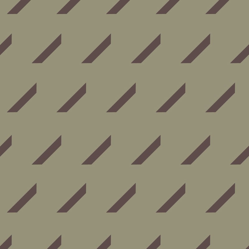 Oblique repeat pattern wallpaper in olive green in living room setting with plant and grey sofa