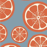 Sliced orange wallpaper with blue background in office with desk