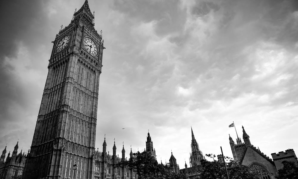 Monochrome photographic view of Big Ben and the Houses of Parliament in London
