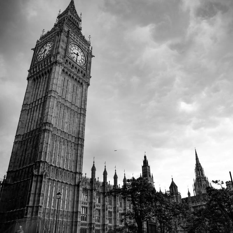Living room with black and white wall mural of London and Big Ben