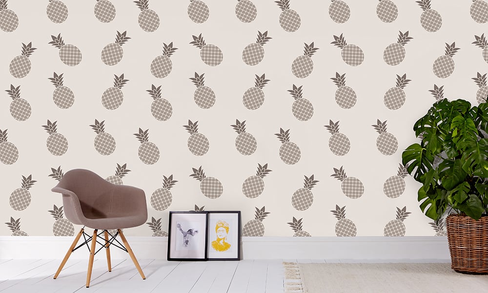 Medium scale pineapple wallpaper in mist situated in living area