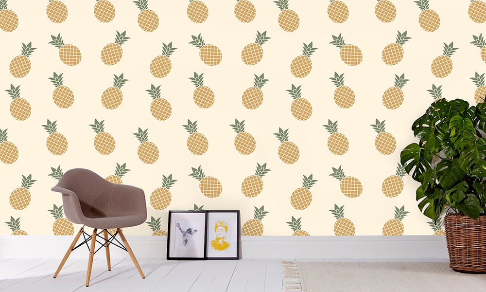 Medium scale pineapple wallpaper in yellow situated in living area
