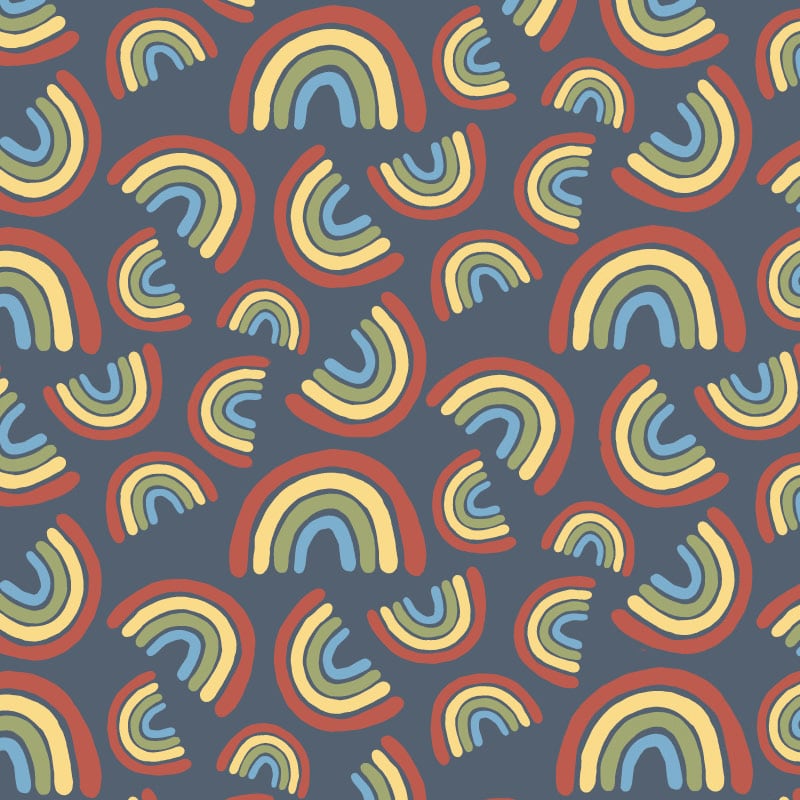 Rainbow pattern wallpaper in kids bedroom with yellow cushion and rug