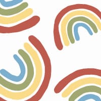 Rainbows with white background wallpaper in kids bedroom with yellow cushion and rug