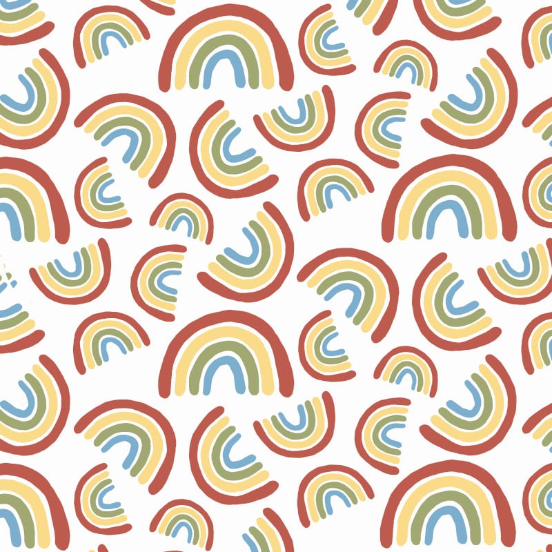 Rainbows with white background wallpaper in kids bedroom with yellow cushion and rug
