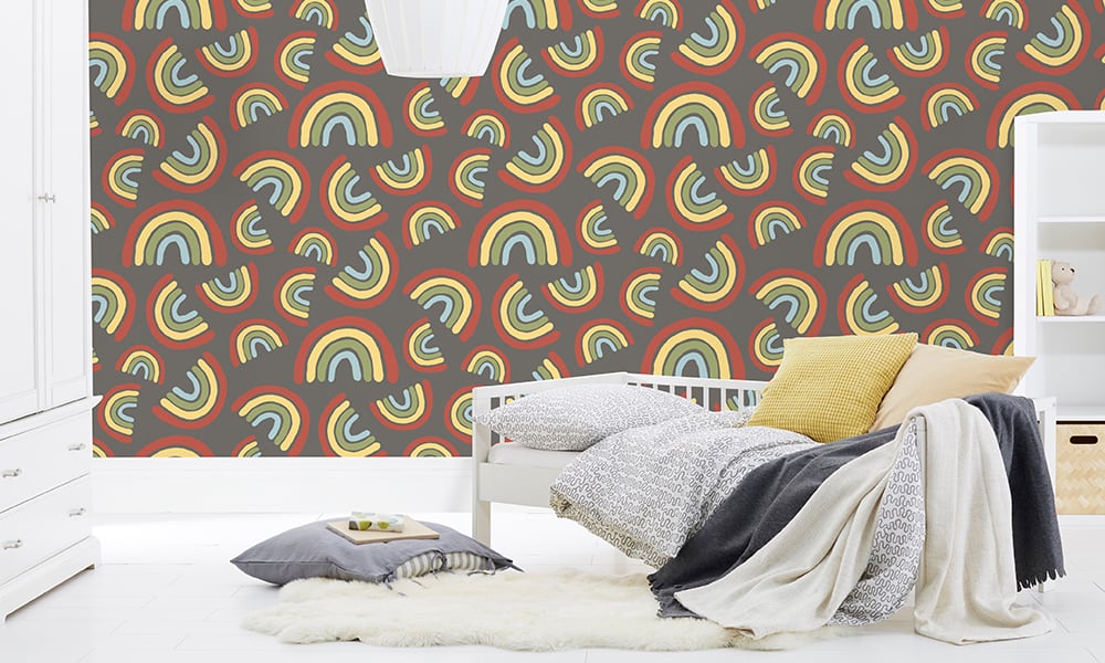 Medium scale rainbows against grey background wallpaper in kids bedroom