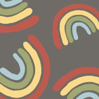 Rainbows with grey background wallpaper in kids bedroom with yellow cushion and rug