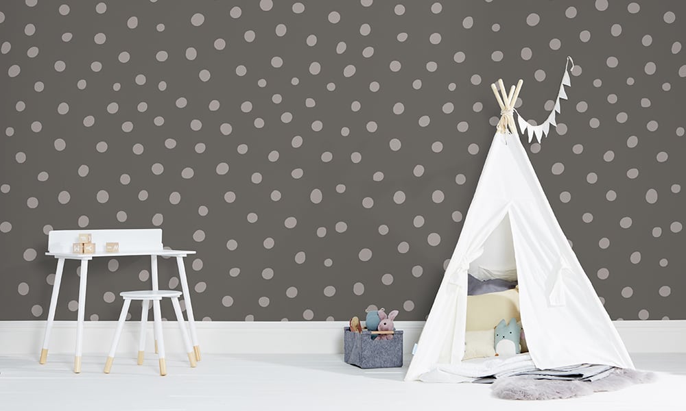 Grey polka dot wallpaper in a medium size situated in kids bedroom