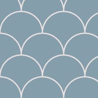 Stone blue scales wallpaper design situated in living room with grey sofa and coffee table