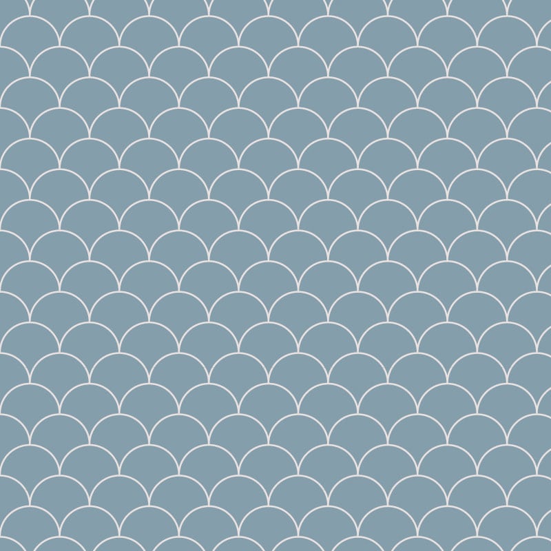 Stone blue scales wallpaper design situated in living room with grey sofa and coffee table
