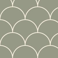 Moss green scales wallpaper design situated in living room with grey sofa and coffee table