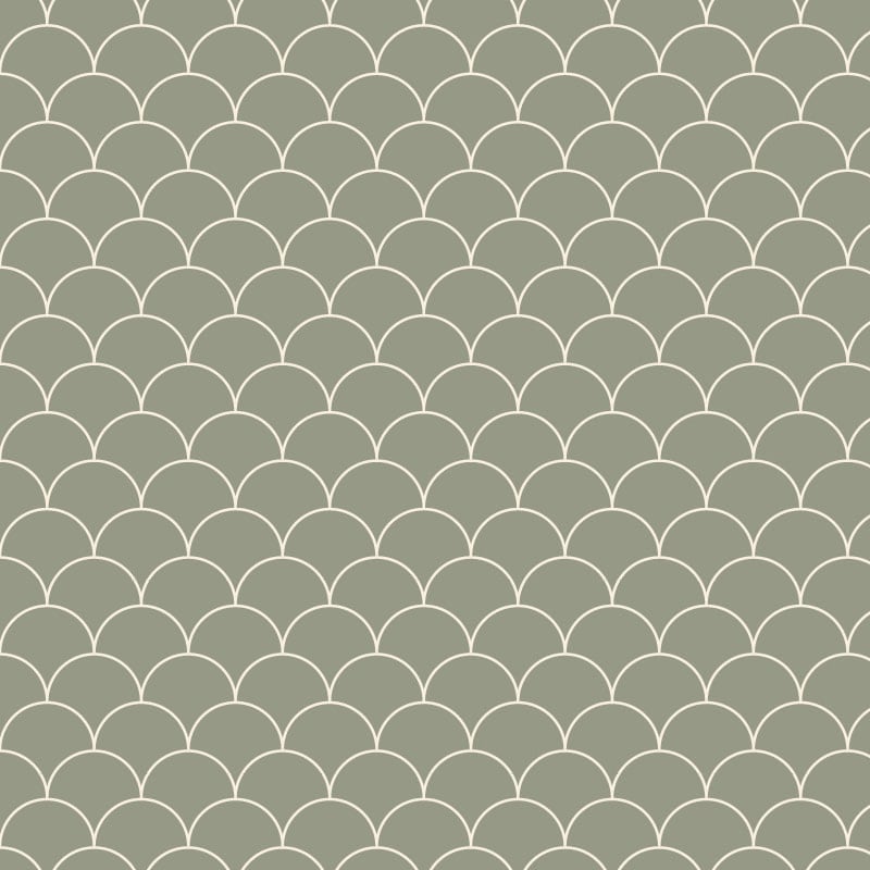 Moss green scales wallpaper design situated in living room with grey sofa and coffee table