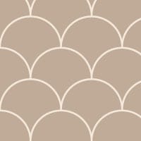 Taupe scales wallpaper design situated in living room with grey sofa and coffee table