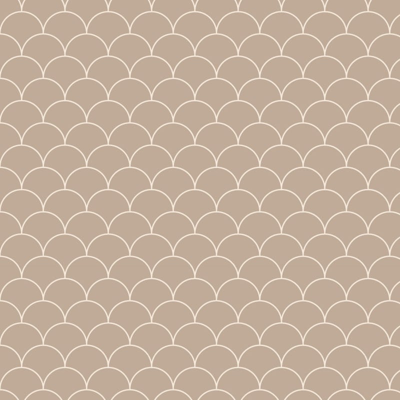 Taupe scales wallpaper design situated in living room with grey sofa and coffee table