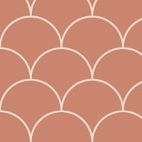 Red scales wallpaper design situated in living room with grey sofa and clock