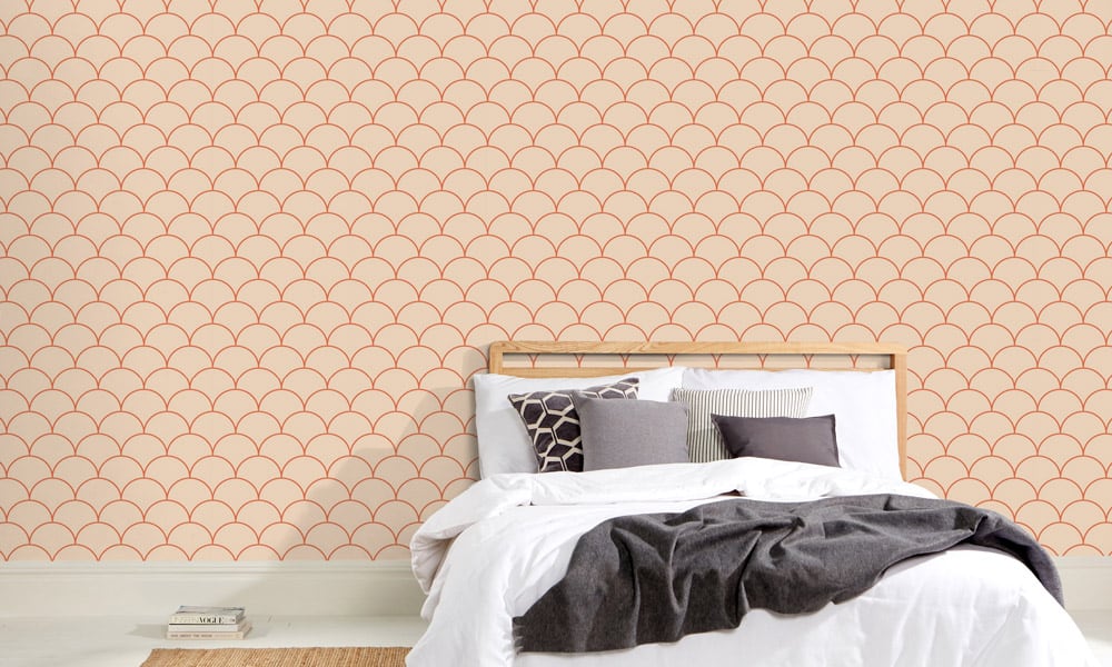 Scales wallpaper design in red earth and a medium siize situated in bedroom