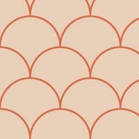 Scales orange wallpaper design situated in bedroom with grey cushions and books