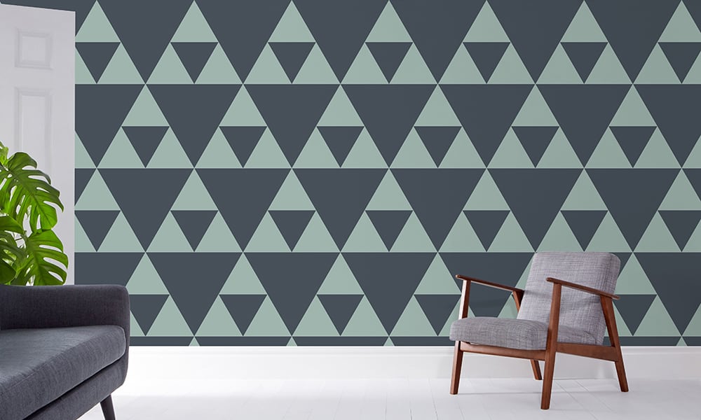 Blue coloured traingle patterned wallpaper in large scale