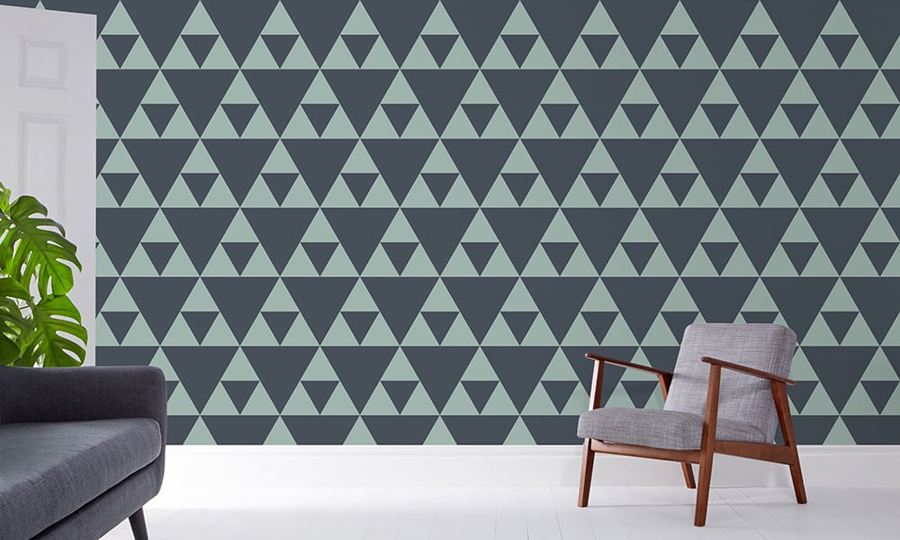 Ocean coloured traingle patterned wallpaper in medium scale