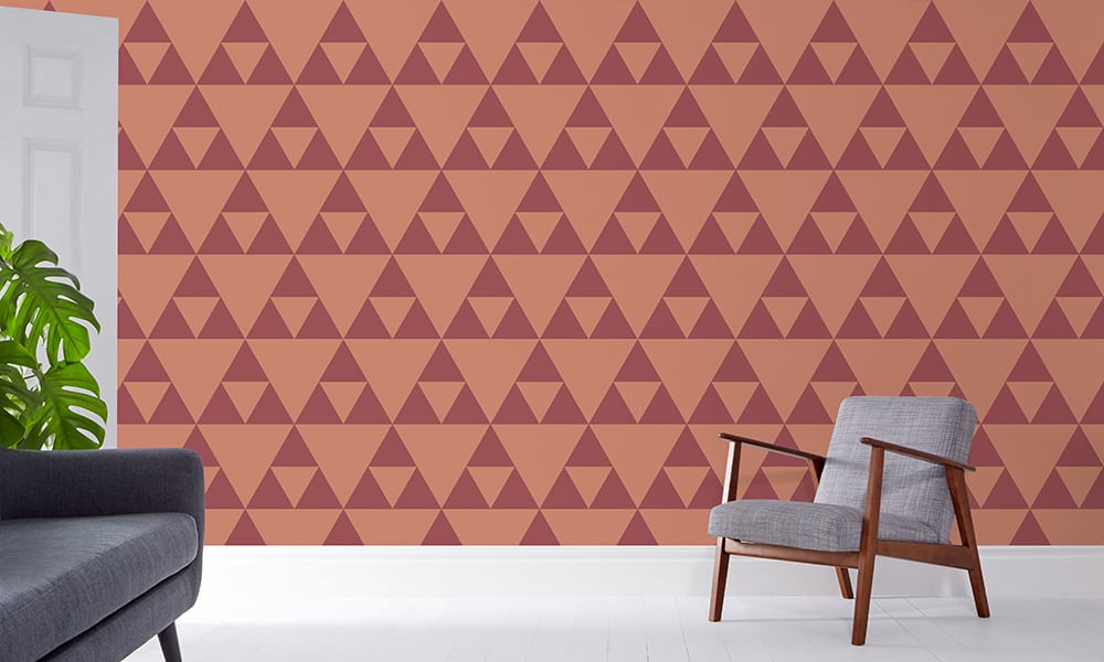 Maroon coloured traingle patterned wallpaper in medium scale