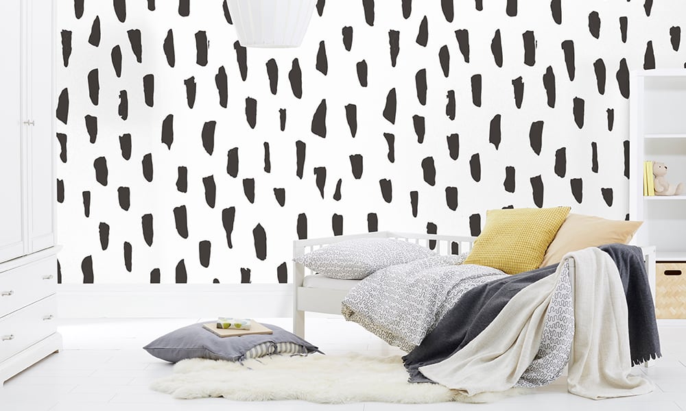 Large scale smudge wallpaper in black and white in kids bedroom