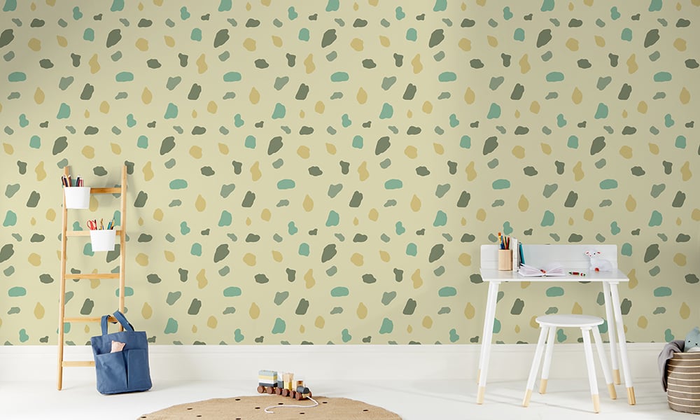 Medium scale splodge wallpaper in camo with play ladder
