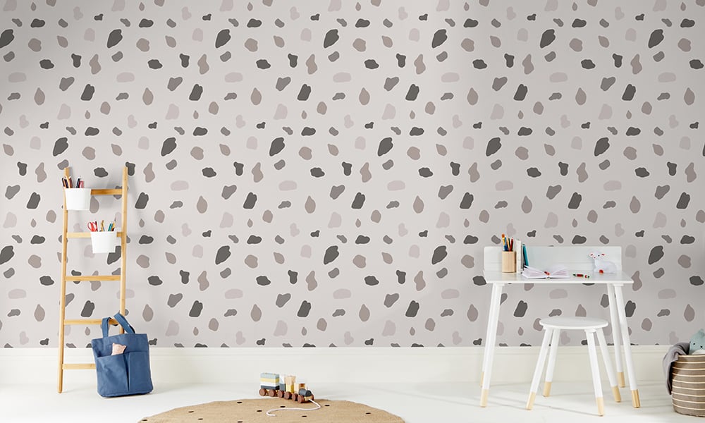 Medium scale splodge wallpaper in grey with play ladder
