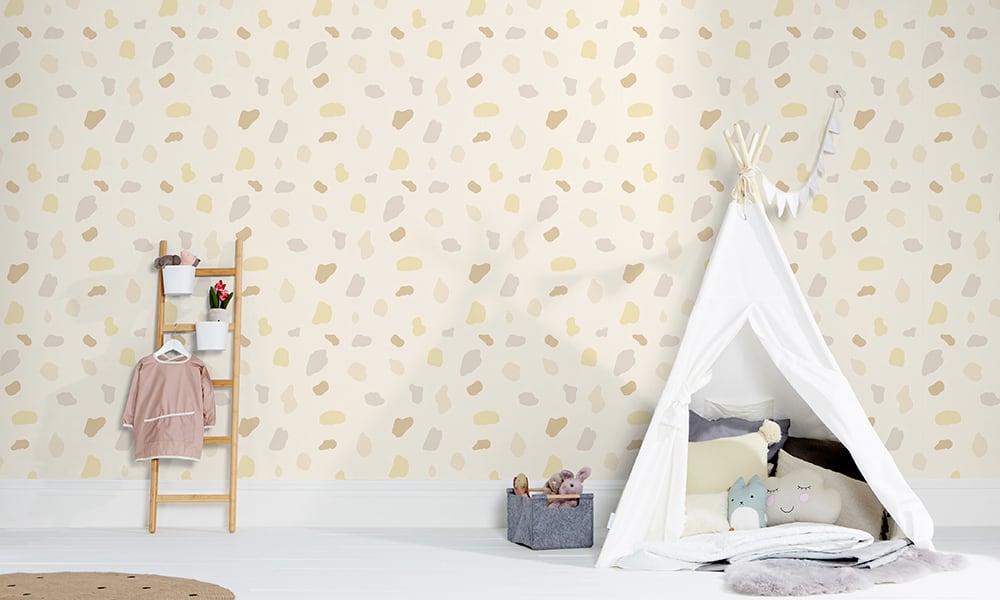 Medium scale splodge wallpaper in neutral with play ladder