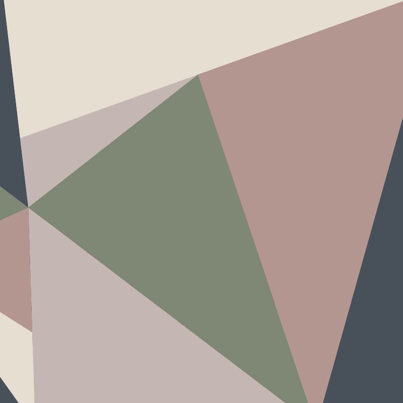 Mid-century style living space with a pink green and navy mural wallpaper