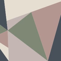 Mid-century style living space with a pink green and navy mural wallpaper