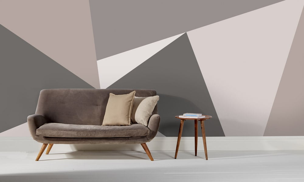 Grey wall mural behind 