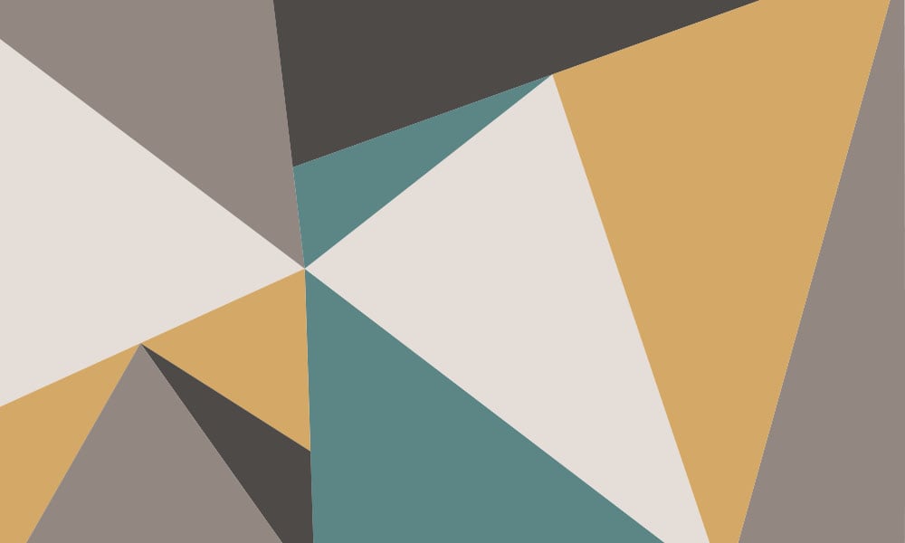 Dynamic wall mural geometic design with a complimentary colour scheme of grey yellow and teal 