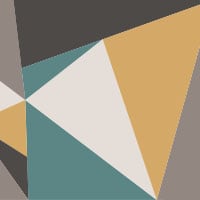 Mid-century style living space with a yellow and teal mural wallpaper