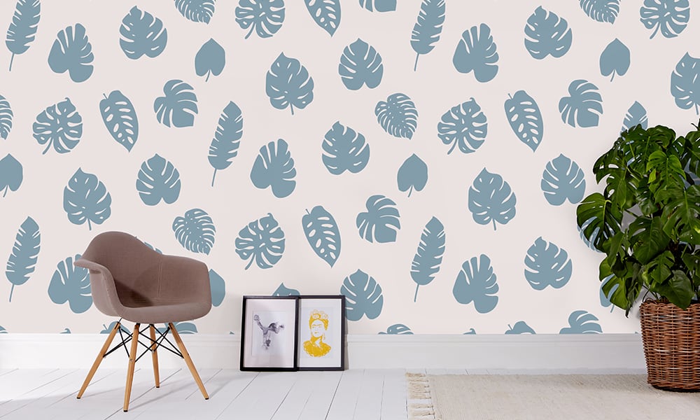 Large scale wallpaper blue leaves on grey background