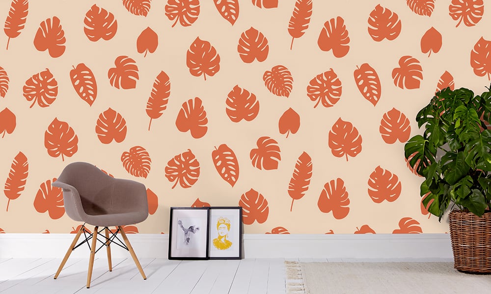 Large scale tropic wallpaper with orange leaves
