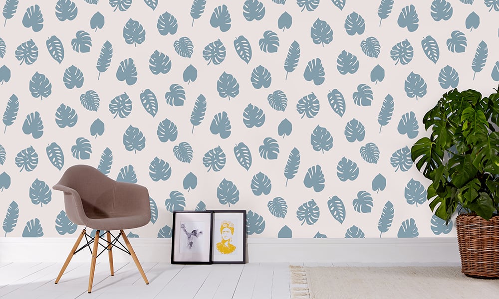 Medium scale wallpaper blue leaves on grey background