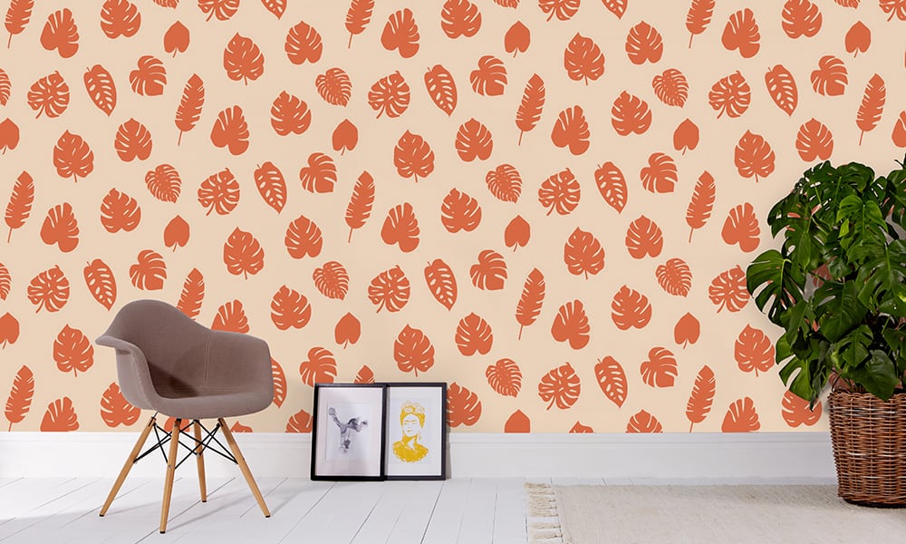 Medium scale tropic wallpaper with orange leaves