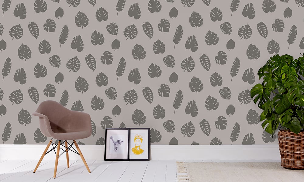 Medium scale leafy wallpaper in grey