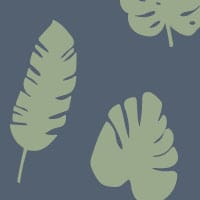 Green leafy pattern on blue background wallpaper in living room with grey sofa